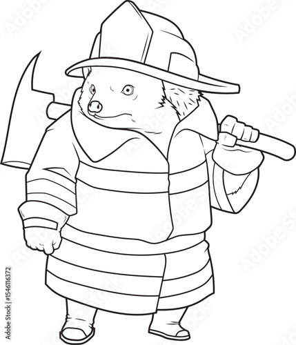 Hedgehog Firefighter Axe Fire department Animal Vector Graphic Art Illustration