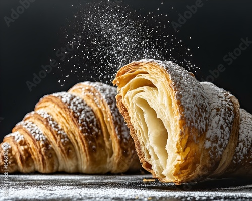 buttery croissant with powdered sugar. artisan pastry on dark background with dramatic lighting and flour dust motion