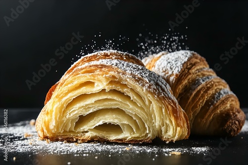 buttery croissant with powdered sugar. artisan pastry on dark background with dramatic lighting and flour dust motion