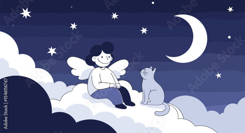 A Whimsical Night Journey An Angel Plays Flute for a Feline Friend