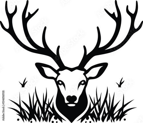 Black and White Stylized Deer Head in Grass Monochrome Wildlife Animal Graphic Design Illustration
