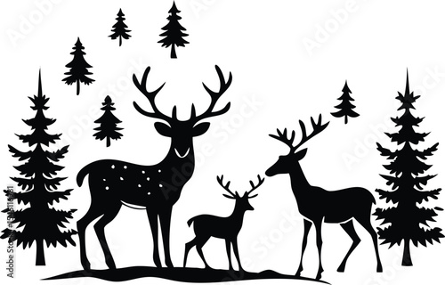 Black Silhouette Illustration of Deer Family Group with Antlers in Snowy Winter Forest Setting Featuring Evergreen Trees