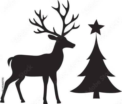 Black Silhouette of Reindeer with Large Antlers Standing Beside a Simple Black Christmas Tree Decorated with a Star