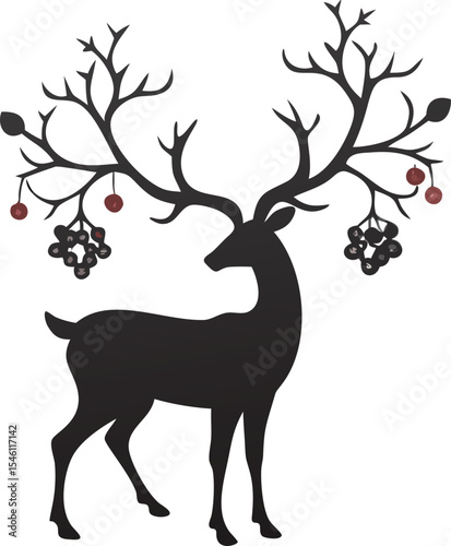 Silhouette of a Black Deer with Large Antlers Adorned with Dark Berries and Red Cranberries on a White Background a Simple Elegant Design Ideal for