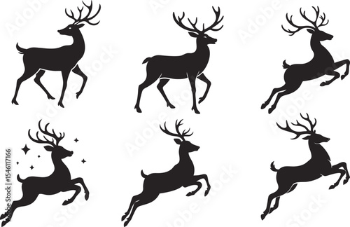 Six Black Silhouettes of Reindeer in Various Poses Some Standing Some Leaping One with Sparkling Stars