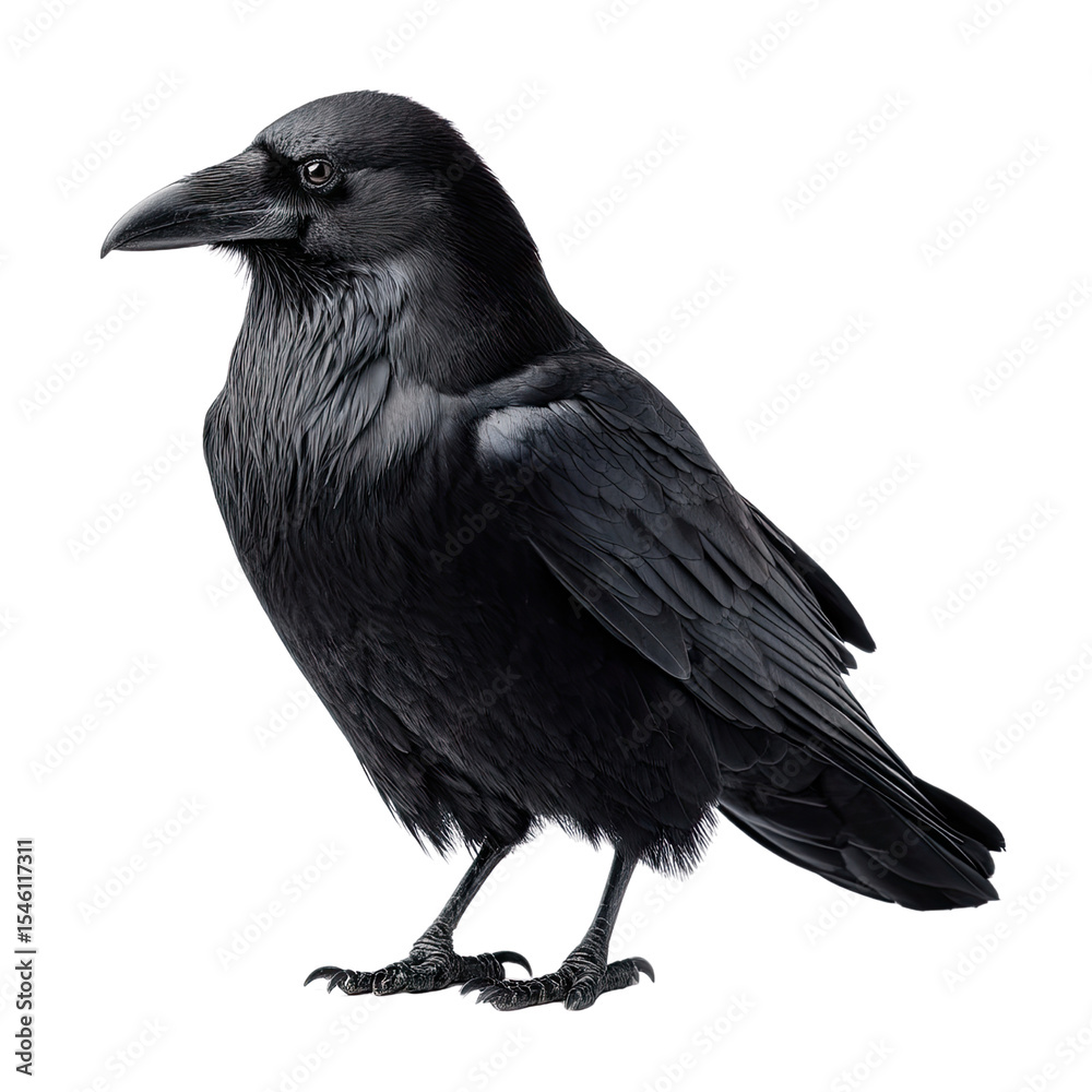 Fototapeta premium Black feathered raven perched elegantly, showcasing intricate plumage and sharp beak against a simple background