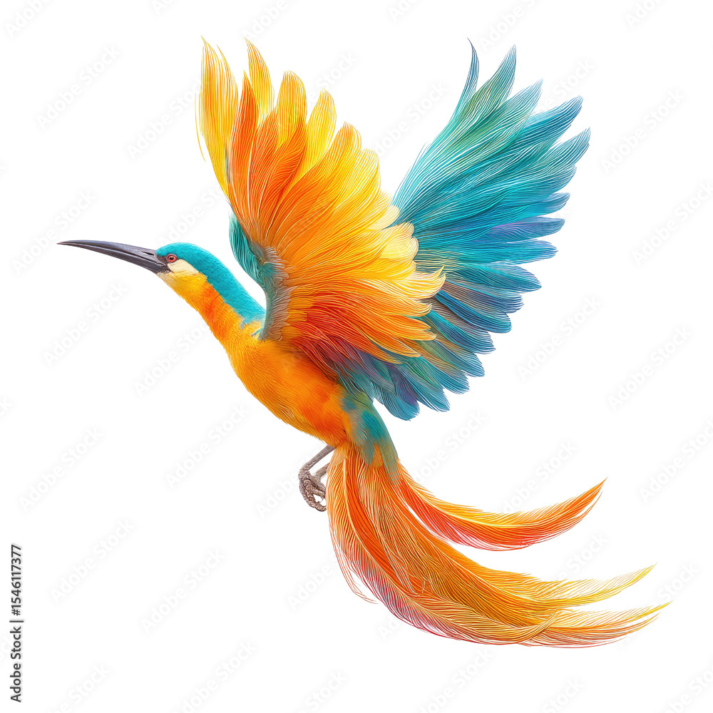 Obraz premium Vibrant Tropical Bird with Colorful Feathers in Mid-Flight Against Clean Background