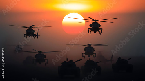 Silhouetted Helicopters and Military Vehicles Against a Dramatic Sunset Sky With Fiery Sun