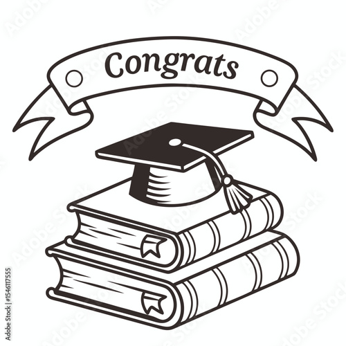 Doodle monochrome stack of books topped with traditional graduation. Vector illustration, books set icon. Congrats sign. Congratulating banner. Isolated concept for graduation design, card, poster