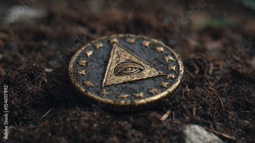 Ancient Golden Coin with All-Seeing Eye Symbol