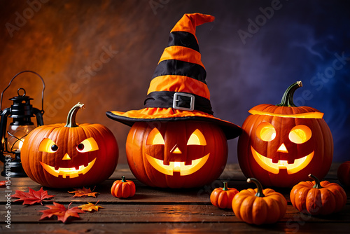 Festive halloween scene with carved pumpkins a witch hat and a vintage oil lamp