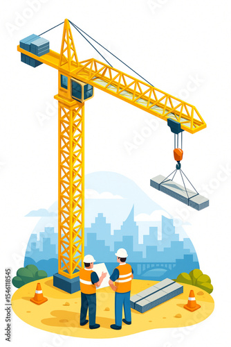 Construction Crane Towering over City Skyline Two Engineers Review Plans Urban Development Project