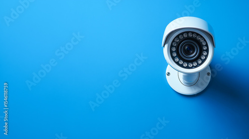 White security camera mounted on a bright blue wall, directly facing forward.