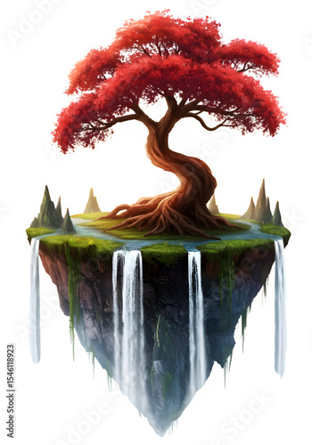 Fantasy island floating in sky with giant red tree, waterfalls, and rocky cliffs. Mystical and magical landscape concept art