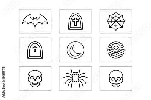 Halloween Icon Set in Black and White Line Art Style