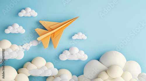 Paper Airplane Illustration with Pastel Clouds and Blue Background