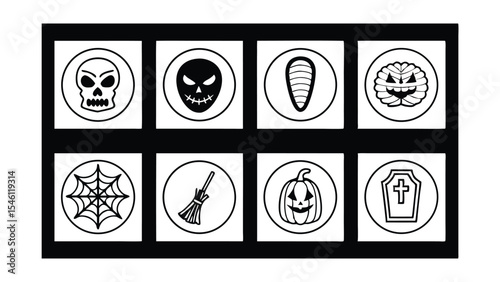 Collection of Halloween themed icons in black and white design