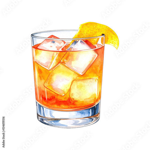 Watercolor illustration of Penicillin cocktail. Cocktail drink watercolor illustration on transparent background. photo