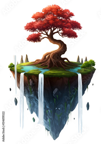 Fantasy island floating in sky with giant red tree, waterfalls, and rocky cliffs. Mystical and magical landscape concept art