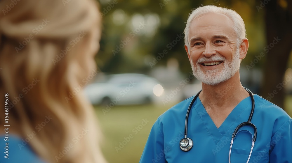 Senior doctor smiling and talking with nurse outdoors, medical professionals collaborating in healthcare setting Senior doctor smiling and talking with nurse outdoors, medical professionals collaborating in healthcare setting