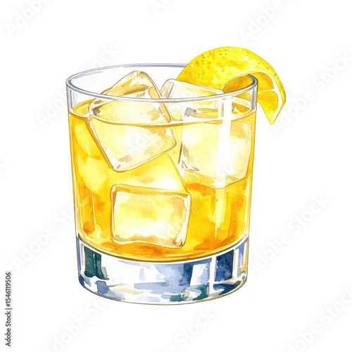 Watercolor illustration of Penicillin cocktail. Cocktail drink watercolor illustration on transparent background.