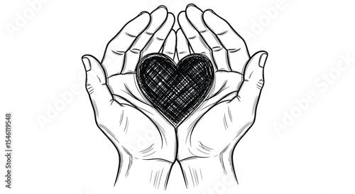 Black Heart in Hands Drawing Representing Support Compassion Love and Mental Health Awareness