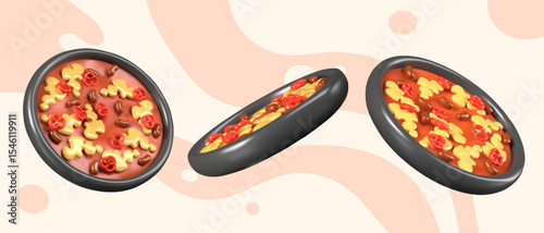 Mexican casserole in round pan. Bright dish for hearty lunch, dinner. Festive decorative element