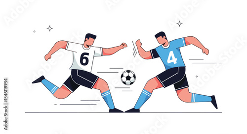 Two Football Soccer Players Kicking the Ball in a Game Match Competition Play