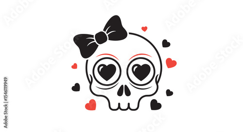 Skull with bow and love hearts illustration for print on demand t-shirts