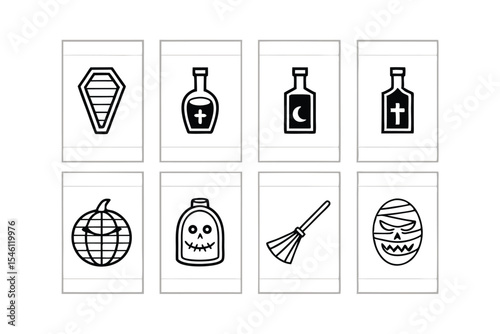Halloween Icon Set with Coffin Potion Jack o Lantern and Mummy