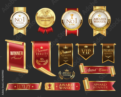 Golden luxury award labels and badges gold premium quality certificate ribbons vector illustration