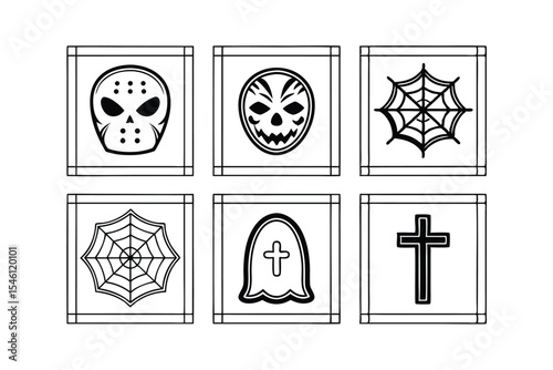 Halloween Icon Set with Masks Spiderwebs Ghost and Cross in Black and White