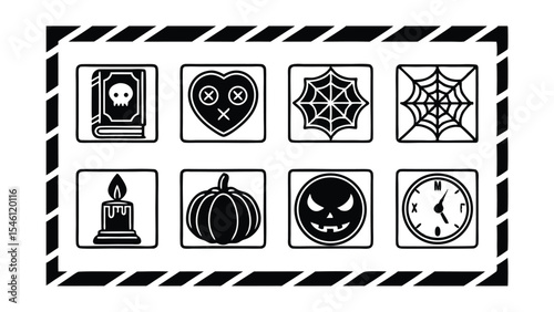 Halloween Icon Set Black and White Spooky Elements in a Frame