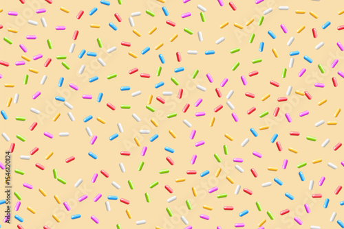 Donut background with colorful candy sprinkles. Sweet topping for candy or ice cream. Fun and playful dessert design. Summer, birthday, children concept. Seamless vector illustration.