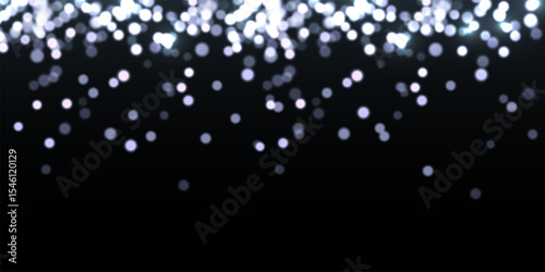 Silver light background with bokeh effect. White glittering lights on black background. Festive holiday shiny luxury backdrop. Abstract horizontal vector illustration.