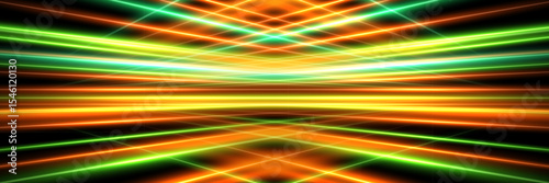 Colorful light laser grid background. Abstract glowing light beams in green, orange and yellow intersecting on dark surface. Futuristic neon stage, light show, or game design. Vector illustration.