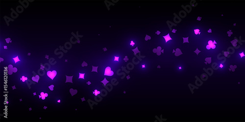 Casino background. Falling purple glowing playing cards on black background. Sparkling hearts, clubs, diamonds and spades on dark. Online gambling concept. VIP abstract vector illustration.
