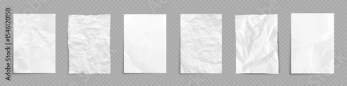 Paper sheets with wrinkles texture. Set of white empty vertical pages with smooth, folded, and wrinkled surfaces. Realistic vector illustration for notes, posters, or design mockups.
