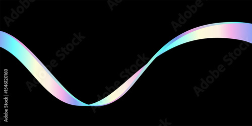 Holographic ribbon wave. Colorful wavy line isolated on black background. Dynamic rainbow curve with pastel colors. Modern graphic vector illustration.
