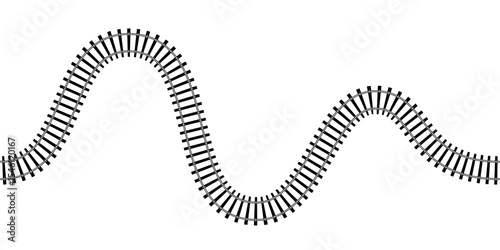 Top view of curved railway isolated on white background. Wavy railroad track with rails and ties. Transportation infographic. Seamless vector illustration.