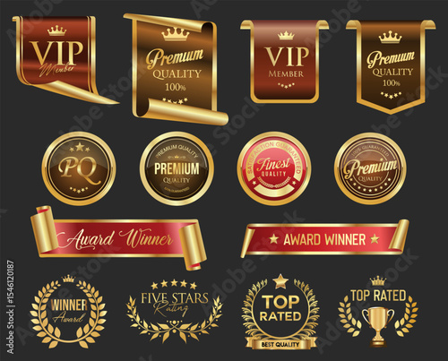 Golden luxury award labels and badges gold premium quality certificate ribbons vector illustration