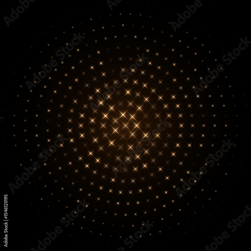 Abstract golden halftone star dotted round pattern. Black geometric shape with gradient effect on black background. Minimalistic, futuristic, graphic vector illustration.