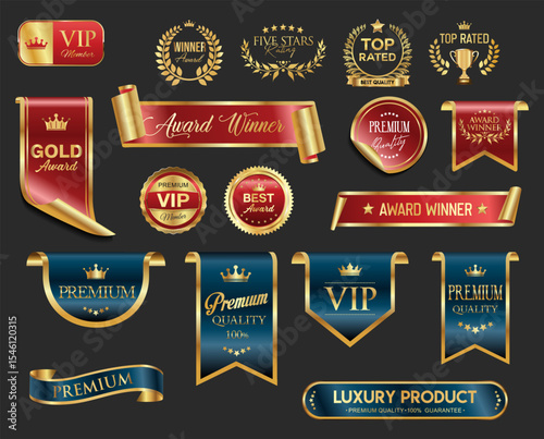 Golden luxury award labels and badges gold premium quality certificate ribbons vector illustration