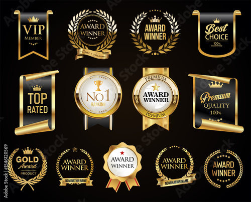 Golden luxury award labels and badges gold premium quality certificate ribbons vector illustration