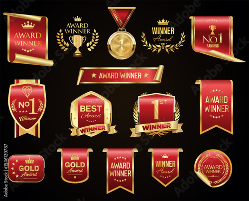 Golden luxury award labels and badges gold premium quality certificate ribbons vector illustration