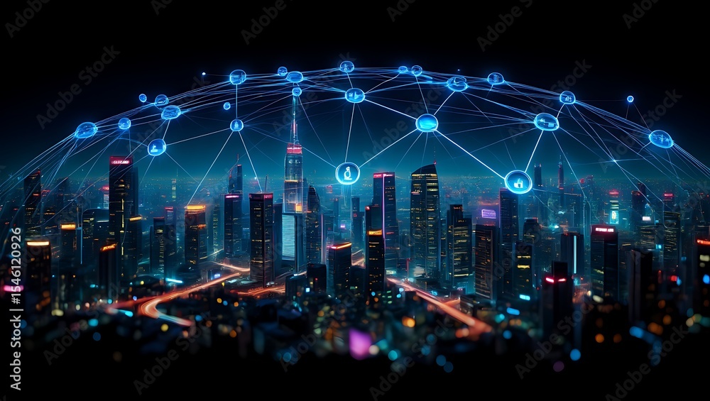 Fototapeta premium Global Network Connectivity Smart City Technology and Digital Transformation