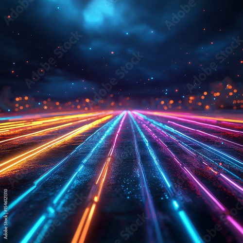 Vibrant neon lights illuminate wet surface at night