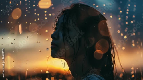 Silhouette of a woman in rain at sunset with bokeh lights, emotional contemplative mood.
