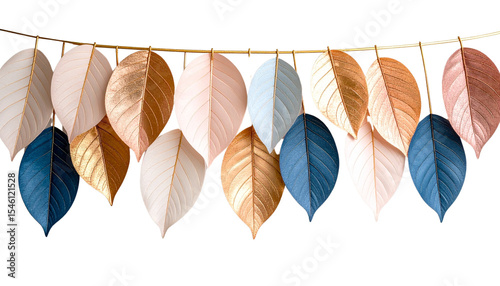 Textured Leaf Garland in Blue, Gold, Pink, and Orange on White Background