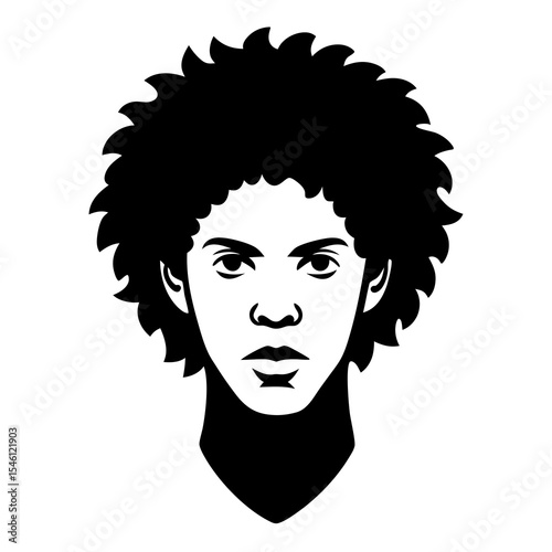 Modern vector portrait of young African American male with clean afro haircut, symmetrical face structure, sharp jawline, and neutral facial expression isolated on blank background
